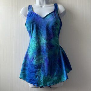 Vintage Robby Len One Piece Bathing Skirt Swimsuit Blue 16 T Women’s